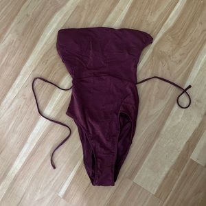 Purple shimmery strapless Zara bathing suit
